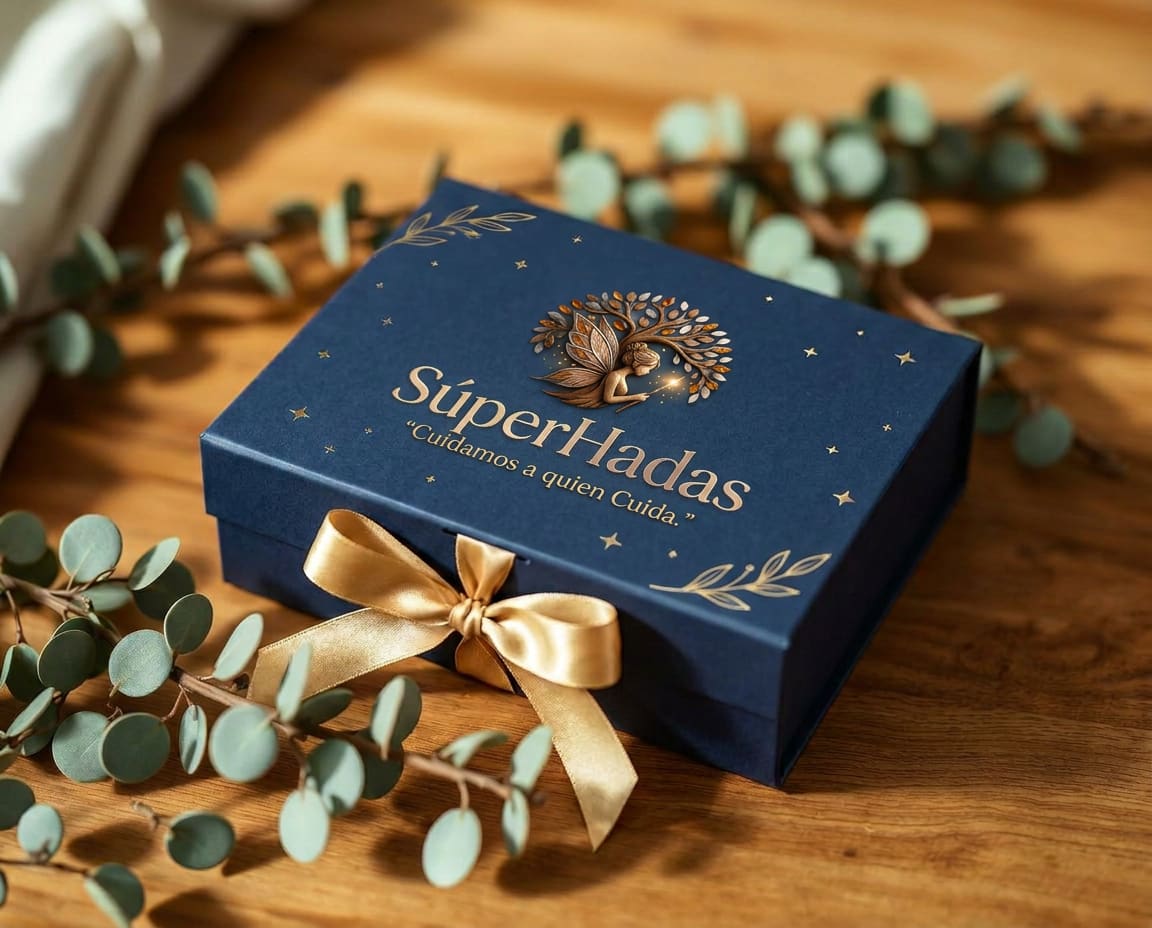 Caja de regalo SúperHadas en azul marino con logo dorado y cinta dorada